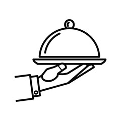 Professional waiter hand holding a silver serving tray with a cloche, ready to present food