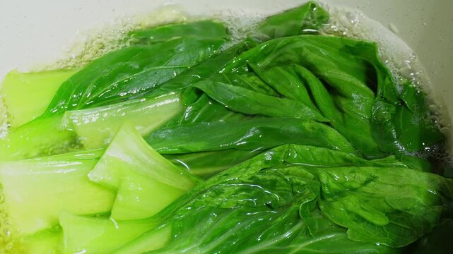 Boiled bok choy in hot water. Fresh green pak choi vegetable cooking closeup