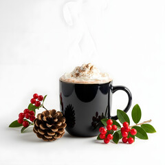 Steaming Hot Chocolate in a Black Mug with Christmas Decorations