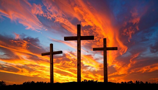 Three crosses silhouette against vibrant sunset sky, faith and hope illustration