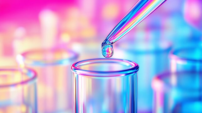 Scientific research and development in a futuristic lab with a pipette dropping liquid into a test tube on vibrant background.