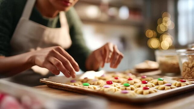 Hands pressing candy buttons into cookie dough before baking Christmas decoration technique colorful candy pieces festive baking creativity baking sheet visible kitchen
