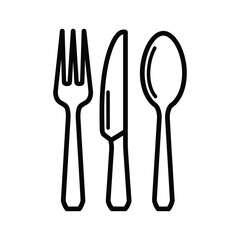 Outline icon of cutlery set including a fork, knife, and spoon, isolated on