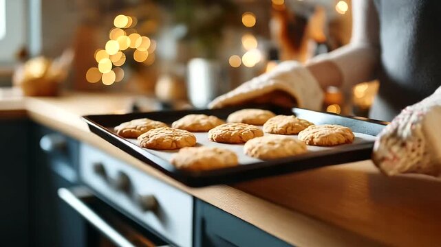 Freshly baked cookies on baking sheet just removed from oven hot Christmas baking golden edges visible oven mitt on hand face not shown kitchen appliances defocused with copy