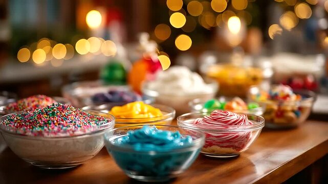 Christmas cookie decorating party setup with multiple bowls of icing and sprinkles holiday group activity festive baking gathering colorful decoration supplies party table