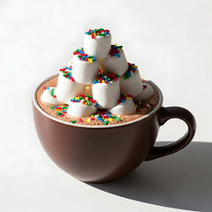 Brown Mug of Hot Chocolate with a Tower of Marshmallows and Sprinkles