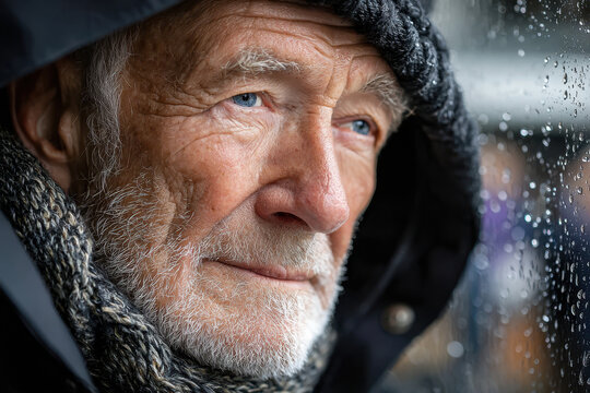 Elderly man gazing thoughtfully out of a rain-covered window on a cold, gray day
