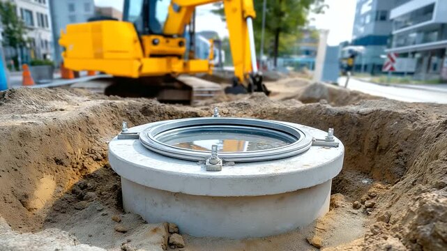 Pipeline access manhole installation infrastructure service point underground utility access concrete chamber construction detail excavation site defocused around with copy