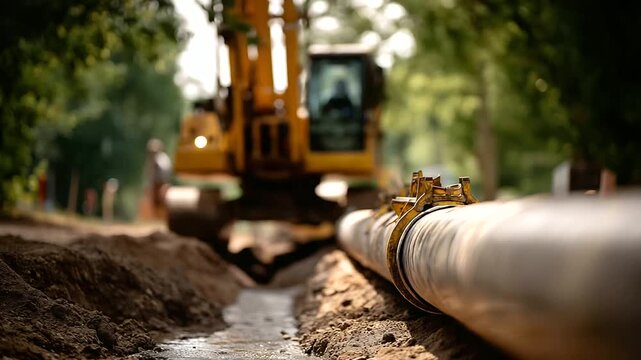 Completed pipeline section with backfill in progress construction phase completion infrastructure burial compaction equipment finished work construction zone defocused with