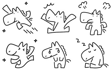 色々な表情とポーズのかわいい馬キャラクターのセット　喜怒哀楽・寝る・踊る・ガッツポーズ　モノクロ