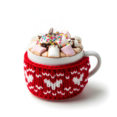 Cozy Hot Chocolate in a Red Knitted Mug Warmer with Hearts