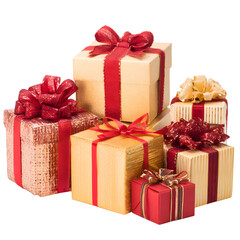 Obraz premium Stacked wrapped gifts in gold and red with ribbons and bows PNG transparent for holiday giving.