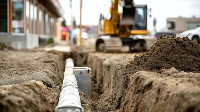 Completed pipeline section with backfill in progress construction phase completion infrastructure burial compaction equipment finished work construction zone defocused with