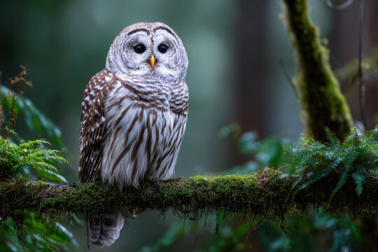 Striking owl perched on mossy branch in lush forest during early morning light