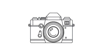 Vintage camera line drawing on white background, photography concept
