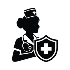 Silhouette of a nurse with a protective shield and medical cross