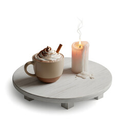 Cozy Hot Chocolate and Lit Candle on a White Wooden Tray