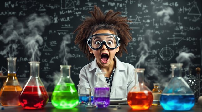 Discovery and STEM education concept with an amazed young scientist conducting a colorful chemistry experiment in a lab - Powered by Adobe