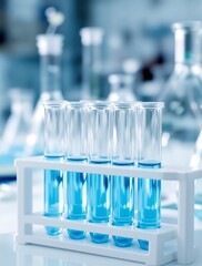 Test tubes with blue liquid in a rack for a scientific experiment in a modern medical research laboratory background