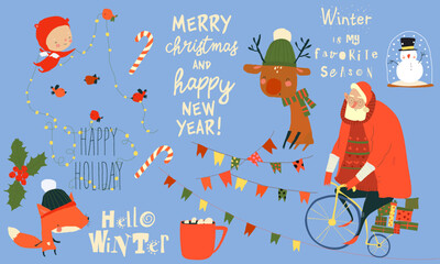 Obraz premium Vector Cartoon Set With Santa Claus and Christmas Elements