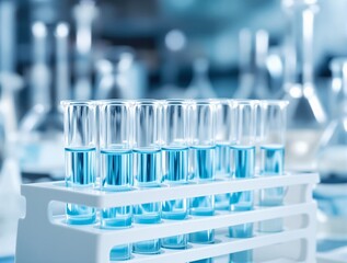 Test tubes with blue liquid in a laboratory rack for scientific research, medical analysis or clinical experiment