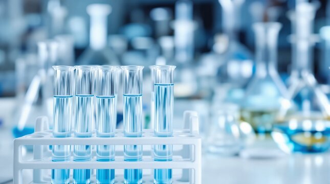 Scientific research and medical innovation in a modern biotechnology lab with test tubes filled with blue liquid - Powered by Adobe