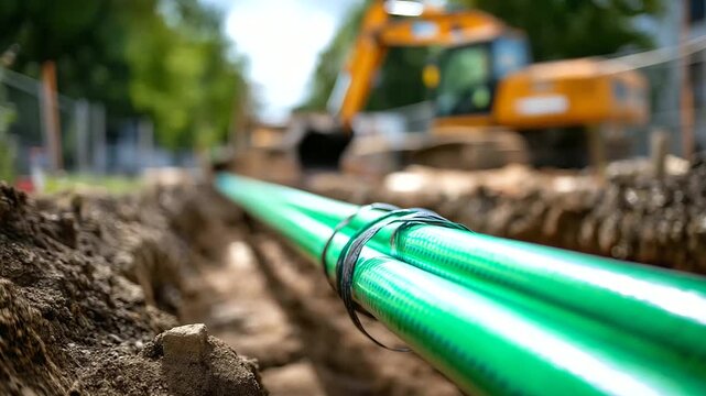 Green wrapped district heating pipes in installation trench thermal infrastructure municipal heating system insulated piping technology construction process excavation walls
