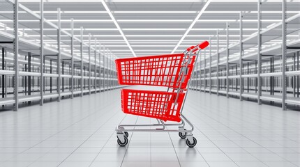 Supply chain crisis and food shortage concept with a red shopping cart standing alone in an empty supermarket aisle