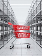 Economic crisis and supply chain shortage concept with a red shopping cart alone in a modern warehouse with empty shelves