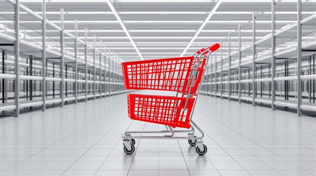 Supply chain crisis and food shortage concept with a red shopping cart standing alone in an empty supermarket aisle