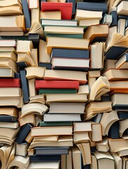 Knowledge, education, and information overload concept. Chaotic background of stacked hardcover books in a library