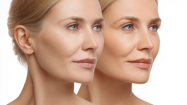 Woman face before and after cosmetic procedure. Rejuvenation and anti-aging concept. Beauty comparison for skincare treatment promotion.