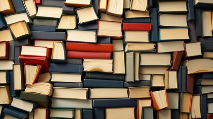 Knowledge and education concept with a massive collection of stacked old books. Library archive for research and study