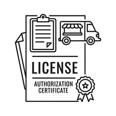 Food truck business license and authorization certificate document with clipboard and badge
