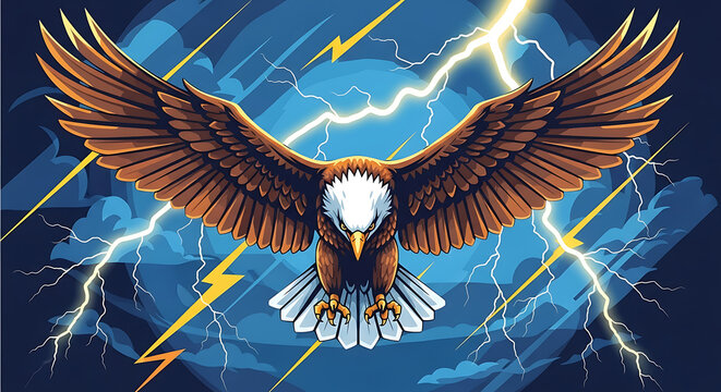 Majestic Eagle Flying Amid Lightning Strikes with Blue Sky Background
