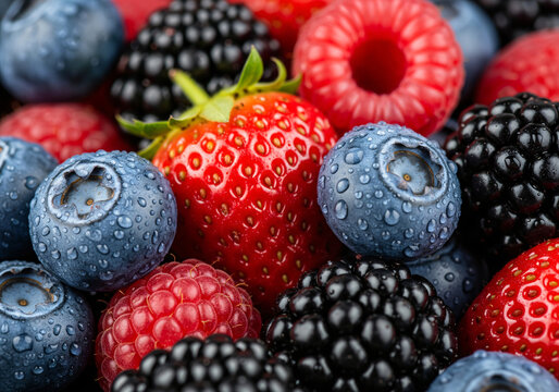 A close up view of a variety of fresh berries including strawberries blueberries and raspberries displayed
