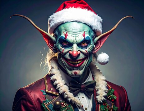 Elf with a scary face in Ugly Christmas style