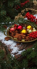 Festive christmas arrangement with ornaments and spices on a snowy wooden surface outdoors