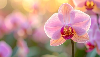 Delicate pink orchid blossom stands in a warm, soft-focused background, highlighting its graceful form