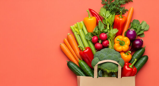 Paper bag with different groceries on coral background, flat lay