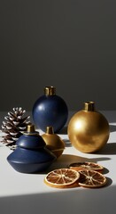Still life of vases pine cone and dried orange slices on white surface in soft natural light