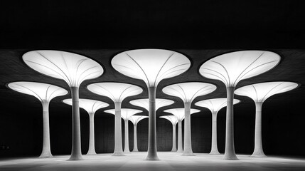 Monochrome interior architecture features numerous glowing mushroom shaped columns Light structures rise under a dark