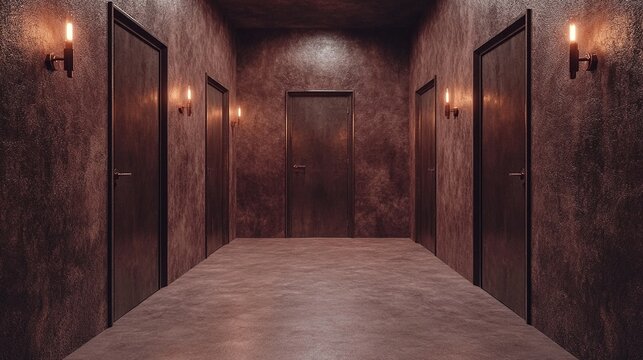 A dimly lit textured corridor with multiple closed doors lining both sides and at the end illuminated by wall sconces