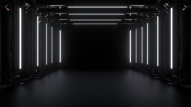 Dark empty futuristic corridor illuminated by bright white neon light tubes Symmetrical abstract sci fi hallway design