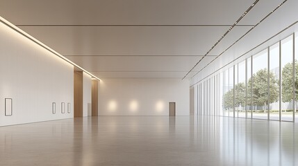 Fototapeta premium Spacious modern exhibition hall with minimalist white walls linear lighting concrete floor large window views