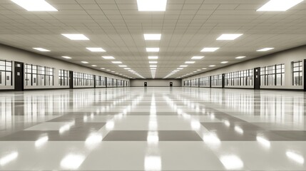 Fototapeta premium Vast empty brightly illuminated modern hallway The reflective tiled floor mirrors ceiling lights and rows of dark doors