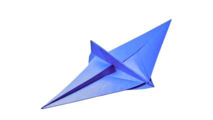 paper plane isolated on white.blue paper airplane isolated PNG on transparent background, origami toy for travel, freedom and childhood concepts