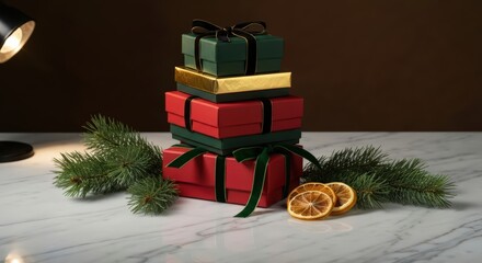 A stack of christmas presents with ribbons and dried oranges under a lamp on a marble surface
