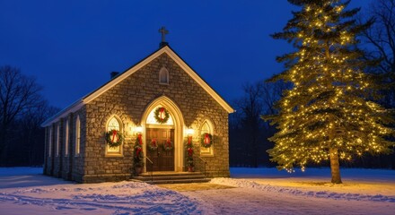 A stone church decorated with christmas wreaths and a tree lit up at night in the winter season