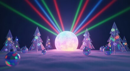 Glowing sphere with christmas trees and ornaments under colorful beams of light in a winter scene